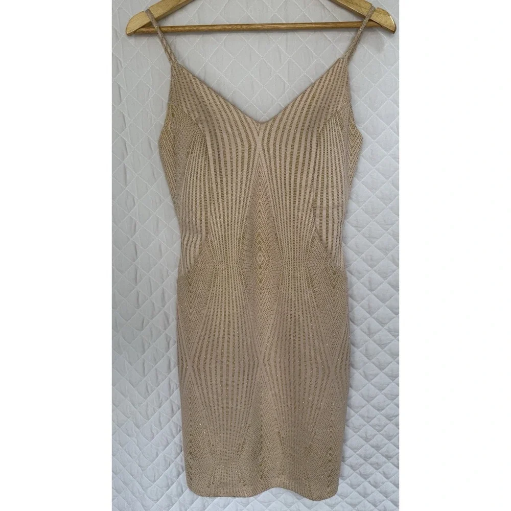 NWT Haute Monde Geometric Nude Gold Metallic Bodycon Dress Size L Art Deco Style